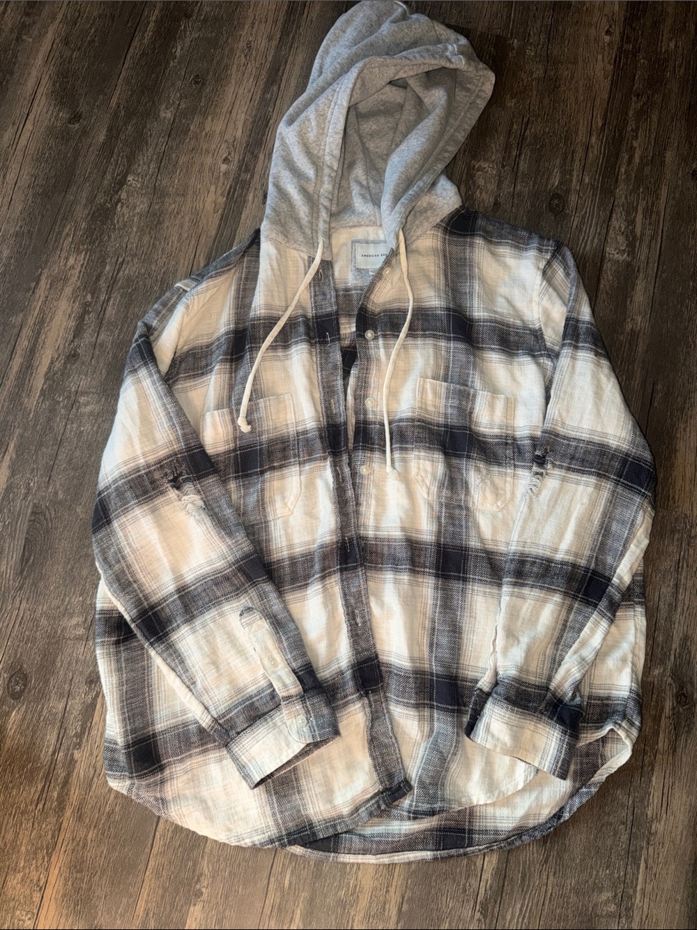 American Eagle Outfitters Plaid Hooded Flannel Shirt Jacket - White & Gray